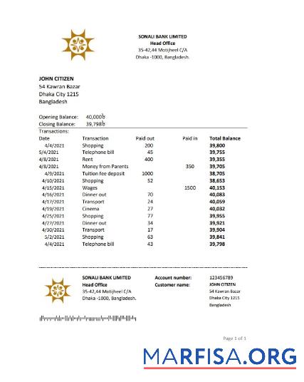 Realistic Bangladesh Sonali bank statement excel real example